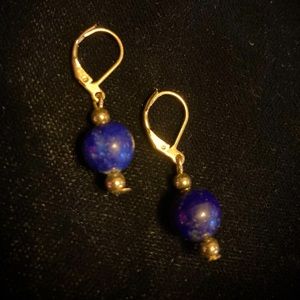 New Lapis Lazuli Sphere Golden Hypoallergenic Dangle Drop Earrings Ltd Edition